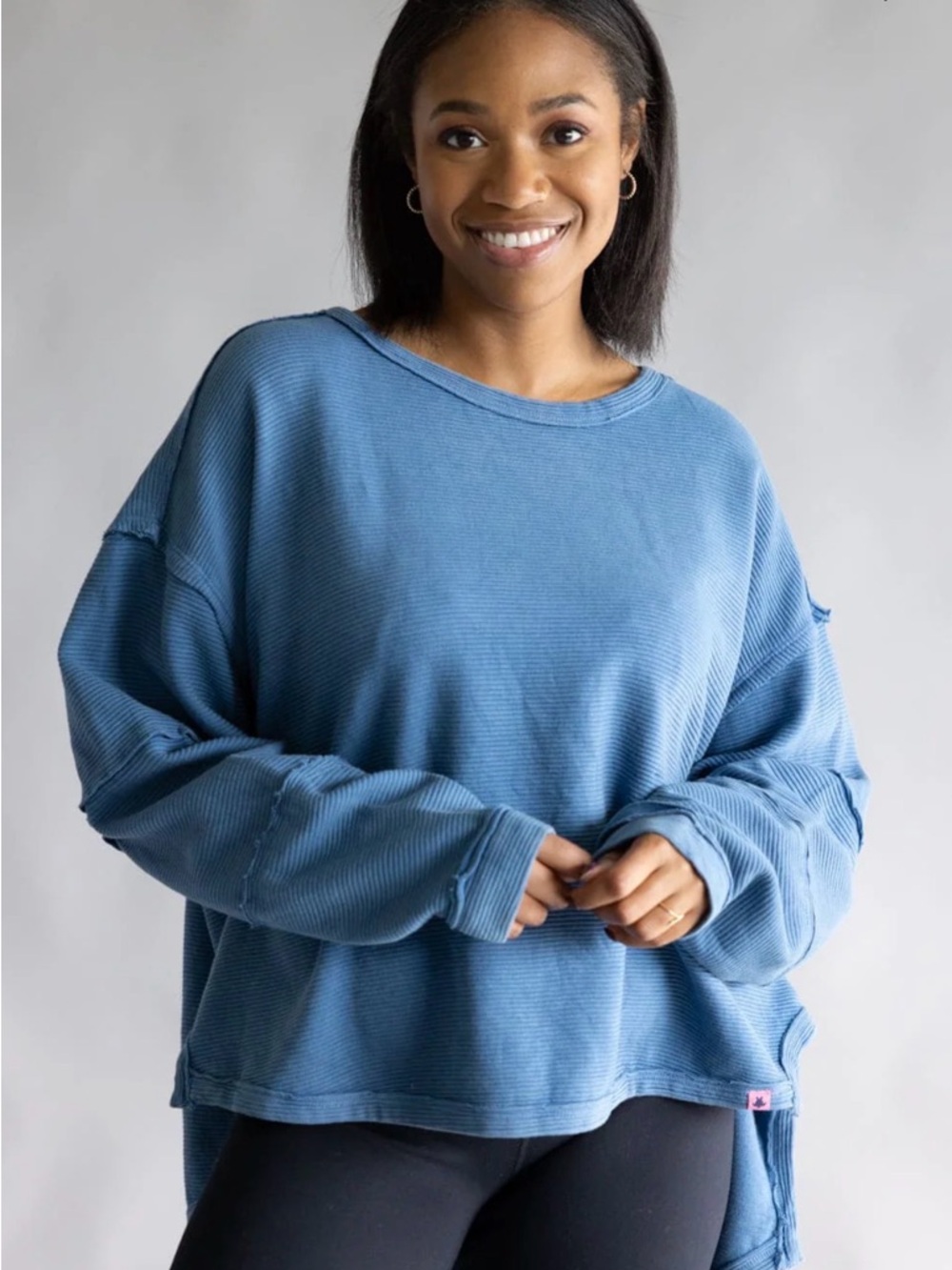 Simply Southern Dusty Blue Waffle Knit Relaxed Sweatshirt